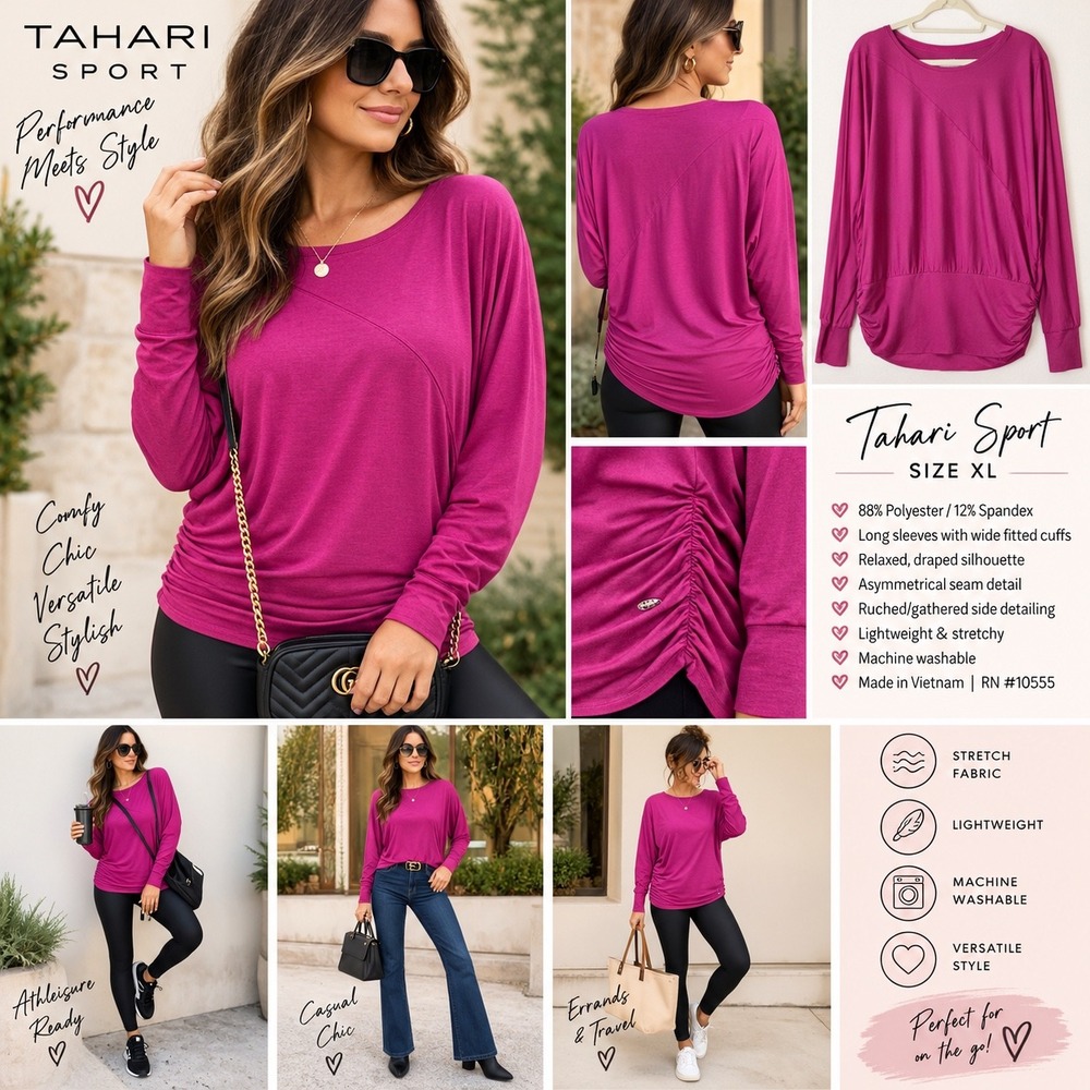 Tahari Sport Magenta Asymmetrical Ruched Long Sleeve Performance Top XL